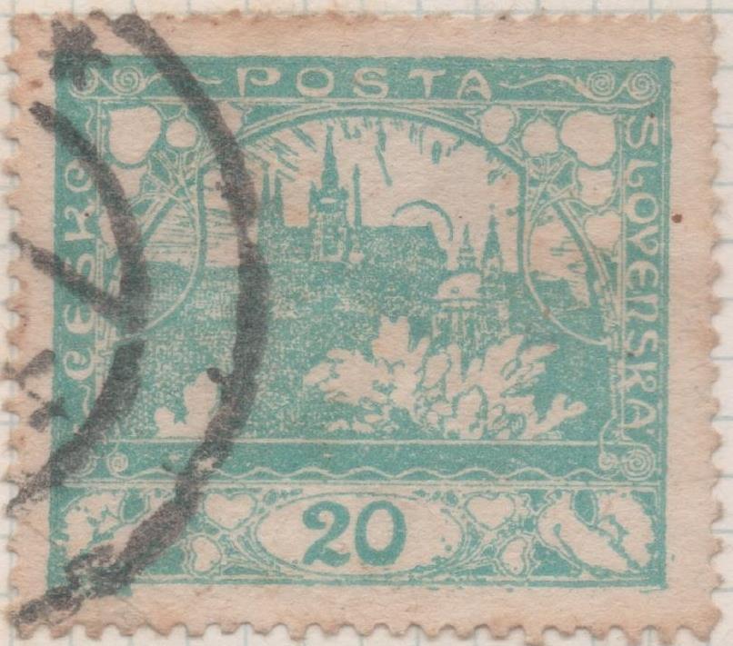 Sello E00032: hoja 2, Checoslovaquia: Sello Turquesa perforado.Vista de Hradcany (Casa de Praga), 20 Haleru