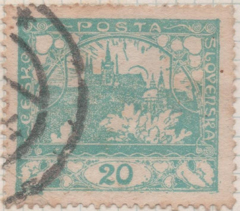 Sello E00032: hoja 2, Checoslovaquia: Sello Turquesa perforado.Vista de Hradcany (Casa de Praga), 20 Haleru