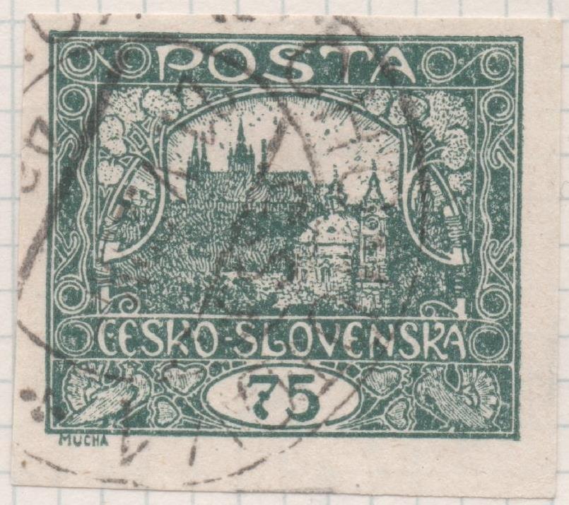 Sello E00017: Hoja 2, Checoslovaquia: Sello Verde oscuro sin perforar. Vista de Hrdcany (Casa de Praga). 75 Haleru