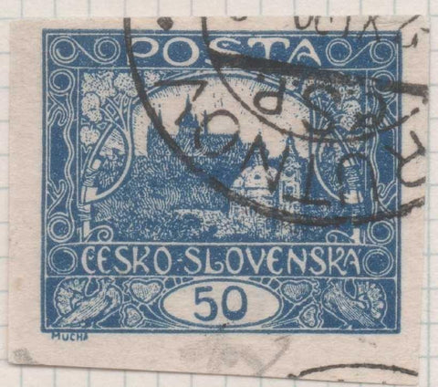 Sello E00015: hoja 1, Checoslovaquia: Sello Azul oscuro sin perforar. Vista de Hradcany (Casa de Praga), 50 Haleru