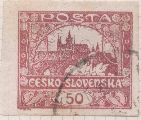 Sello E00014: hoja 1, Checoslovaquia: Sello Rojo oscuro sin perforar.Vista de Hradcany (Casa de Praga), 50 Haleru