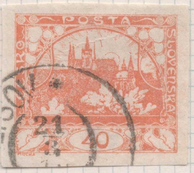 Sello E00013: hoja 1, Checoslovaquia: Sello Naranja sin perforar. Vista de Hradcany (Casa de Praga), 40 Haleru