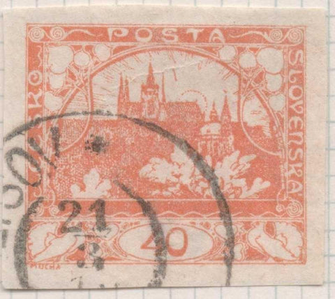 Sello E00013: hoja 1, Checoslovaquia: Sello Naranja sin perforar. Vista de Hradcany (Casa de Praga), 40 Haleru