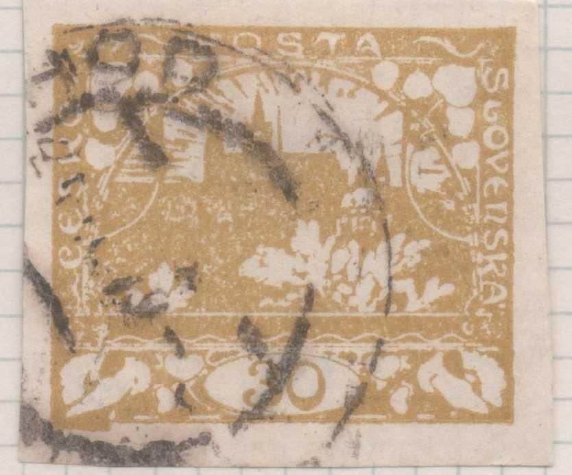Sello E00012: hoja 1, Checoslovaquia: Sello Amarillo sin perforar. Vista de Hradcany (Casa de Praga), 30 Haleru