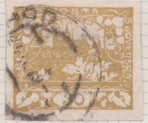 Sello E00012: hoja 1, Checoslovaquia: Sello Amarillo sin perforar. Vista de Hradcany (Casa de Praga), 30 Haleru