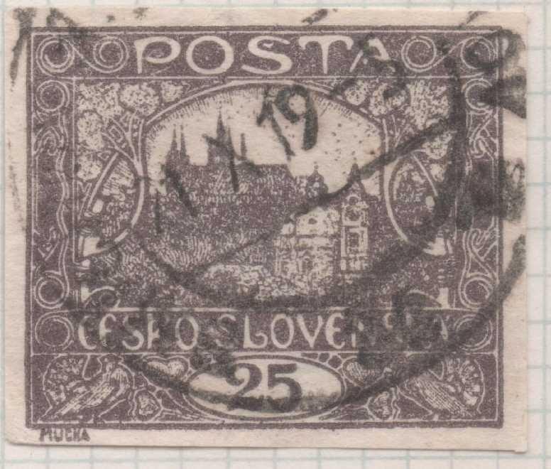 Sello E00011: hoja 1,Checoslovaquia: Sello Marron oscuro sin perforar. Vista de Hradcany (Casa de Praga), 25 Haleru