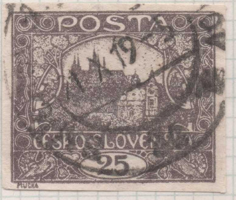Sello E00011: hoja 1,Checoslovaquia: Sello Marron oscuro sin perforar. Vista de Hradcany (Casa de Praga), 25 Haleru