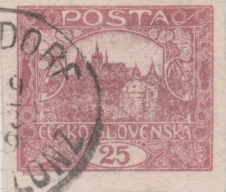 Sello E00010: hoja 1, Checoslovaquia: Sello Rosa oscuro sin perforara. Vista de Hradcany (Casa de Praga), 25 Haleru
