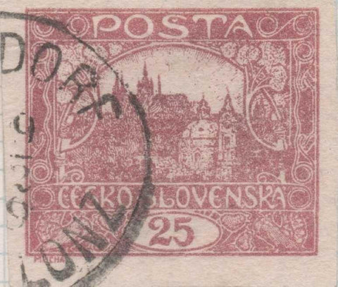 Sello E00010: hoja 1, Checoslovaquia: Sello Rosa oscuro sin perforara. Vista de Hradcany (Casa de Praga), 25 Haleru