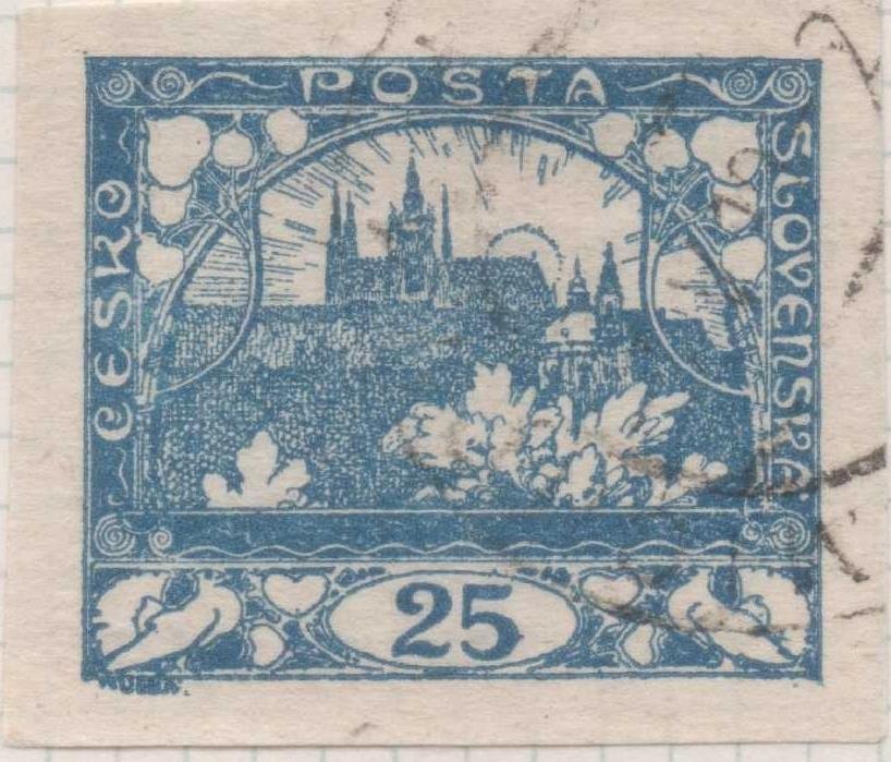 Sello E00009: hoja 1, Checoslovaquia: Sello Azul oscuro sin perforar. Vista de Hradcany (Casa de Praga) 25 Haleru