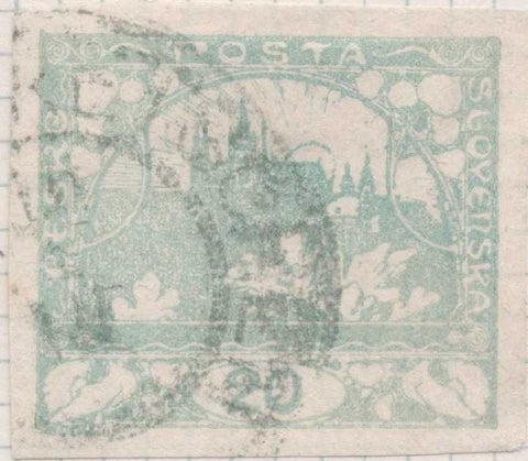 Sello E00008: hoja 1, Checoslovaquia: Sello Verde claro sin perforar. Vista de Hradcany (Casa de Praga), 20 Haleru