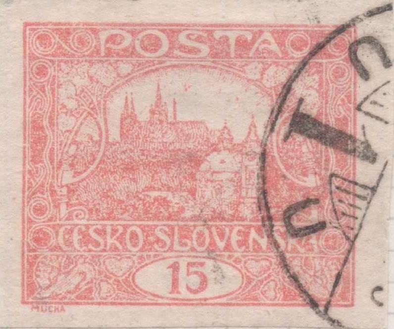 Sello E00007: hoja 1, Checoslovaquia: SelloRosa sin perforar, Vista de Hradcany (Casa de Praga), 15 Haleru