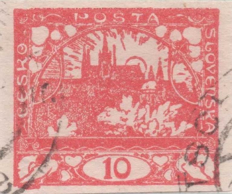 Sello E00006: hoja 1, Sello Rojo sin perforar. Vista de Hradcany (Casa de Praga) 10 Haleru