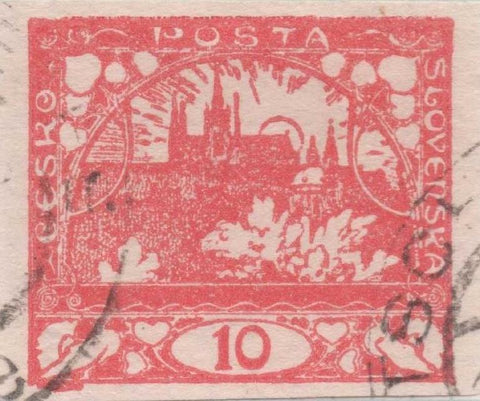Sello E00006: hoja 1, Sello Rojo sin perforar. Vista de Hradcany (Casa de Praga) 10 Haleru