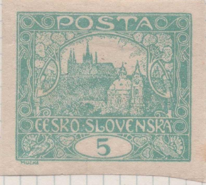 Sello E00005: hoja 1, Sello Verde turuesa sin perforar. Vista de Hradcany (Casa de Praga) 5 Haleru 