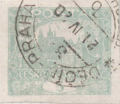 Sello E00004: hoja 1, Sello Verde acuoso sin perforar. Vista de Hradcany (Casa de Praga) 5 Haleru