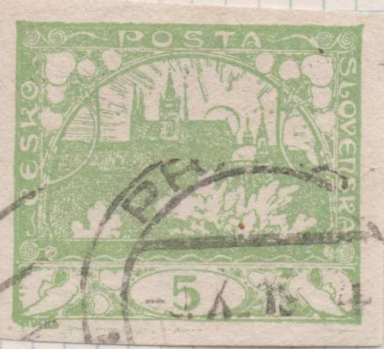 Sello E00003: hoja 1, Sello verde claro sin perforar. Vista de Hradcany (Casa de Praga) 5 Haleru