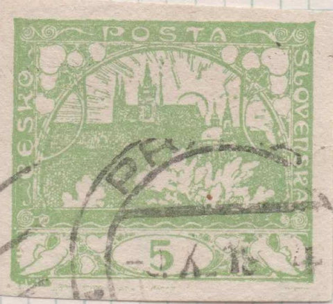 Sello E00003: hoja 1, Sello verde claro sin perforar. Vista de Hradcany (Casa de Praga) 5 Haleru