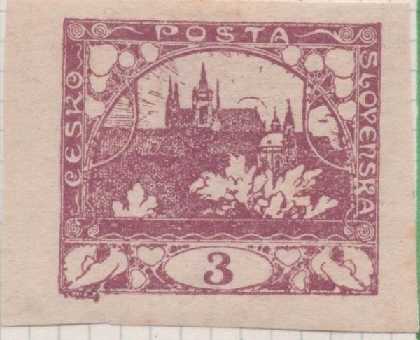 Sello E00002: hoja 1, Sello purpura sin perforar Vista de Hradcany (Casa de Praga) 3 Haleru