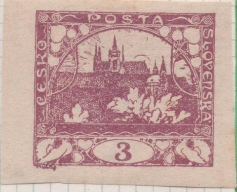 Sello E00002: hoja 1, Sello purpura sin perforar Vista de Hradcany (Casa de Praga) 3 Haleru