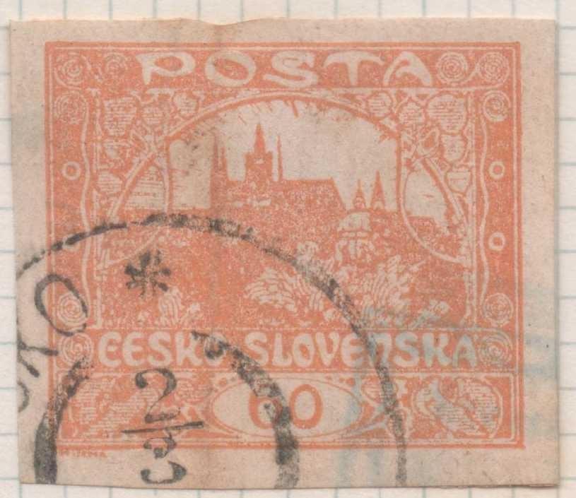 Sello E00016: hoja 1, Checoslovaquia: Sello naranja sin perforar. Vista de Hradcany (Casa de Praga), 60 haleru