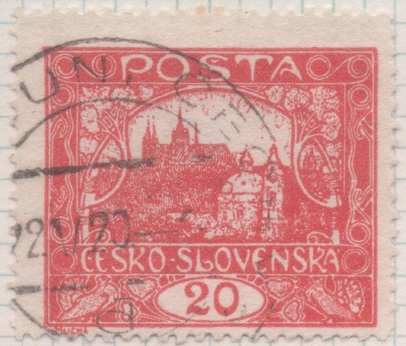 Sello E00033: hoja 2, Checoslovaquia: Sello Rojo perforado. Vista de Hradcany (Casa de Praga), 20 Haleru
