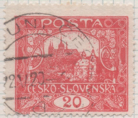 Sello E00033: hoja 2, Checoslovaquia: Sello Rojo perforado. Vista de Hradcany (Casa de Praga), 20 Haleru
