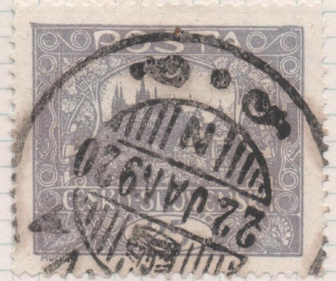 Sello E00035: hoja 2, Checoslovaquia: Sello Gris perforado.Visa de Hradcany (Casa de Praga), 25 Haleru
