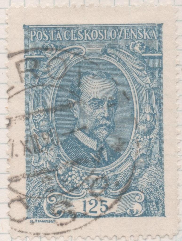 Sello E00064: hoja 8, Checoslovaquia: Sello Azul perforado. Presidente T.G. Marsaryk, 125 Haleru
