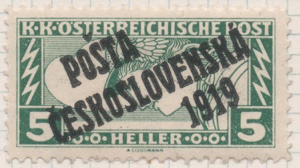Sello E00063: hoja 6, Checoslovaquia: Sello Verde perforado. Timbre de Austria sobrecargados, 5 Heller
