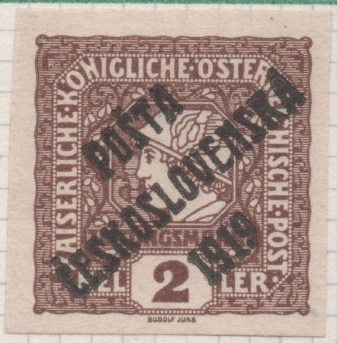 Sello E00061: Hoja 6, Checoslovaquia: Sello Marron perforado. Timbre de Austria Sobrecargados, 2 Heller
