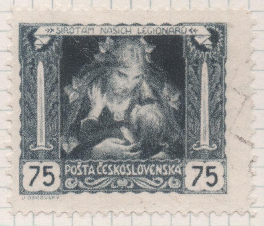 Sello E00055: hoja 4, Checoslovaquia: Sello Negro perforado. Aniversario de la Independencia, 75 Haleru