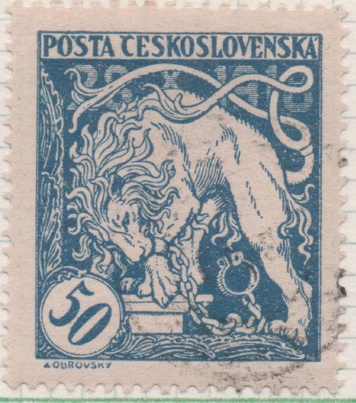 Sello E00054: hoja 4, Checoslovaquia: Sello Azul perforado. Aniversario de la Idependencia, 50 Haleru