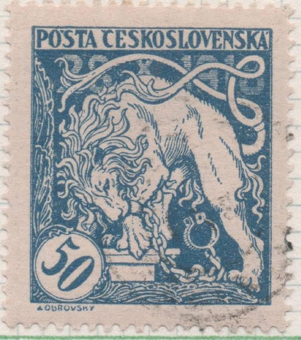 Sello E00054: hoja 4, Checoslovaquia: Sello Azul perforado. Aniversario de la Idependencia, 50 Haleru