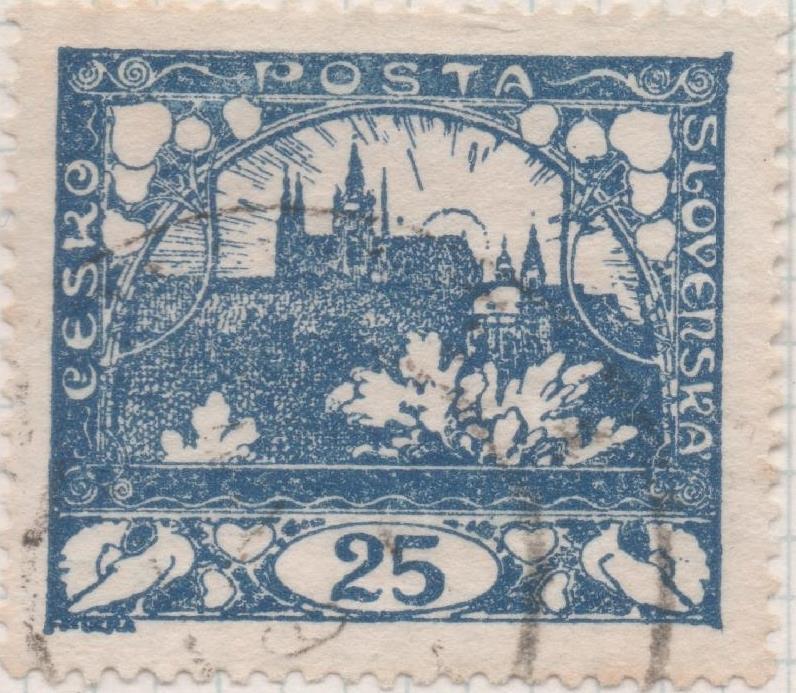 Sello E00034: hoja 2, Checoslovaquia: Sello Azul Oscuro perforado. Vista de Hradcany (Casa de Praga), 25 Haleru