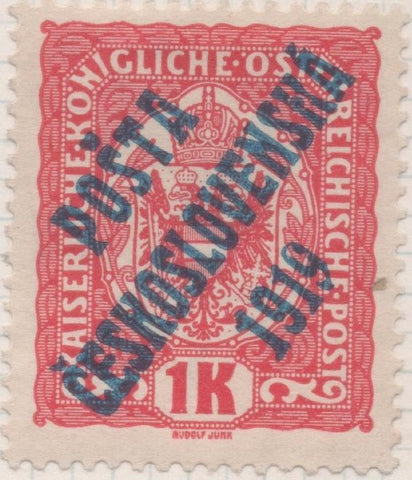Sello E00051: hoja 3, Checoslovaquia: Sello Rojo perforado. Timbres de Austria sobrecargados, 1 Kronen