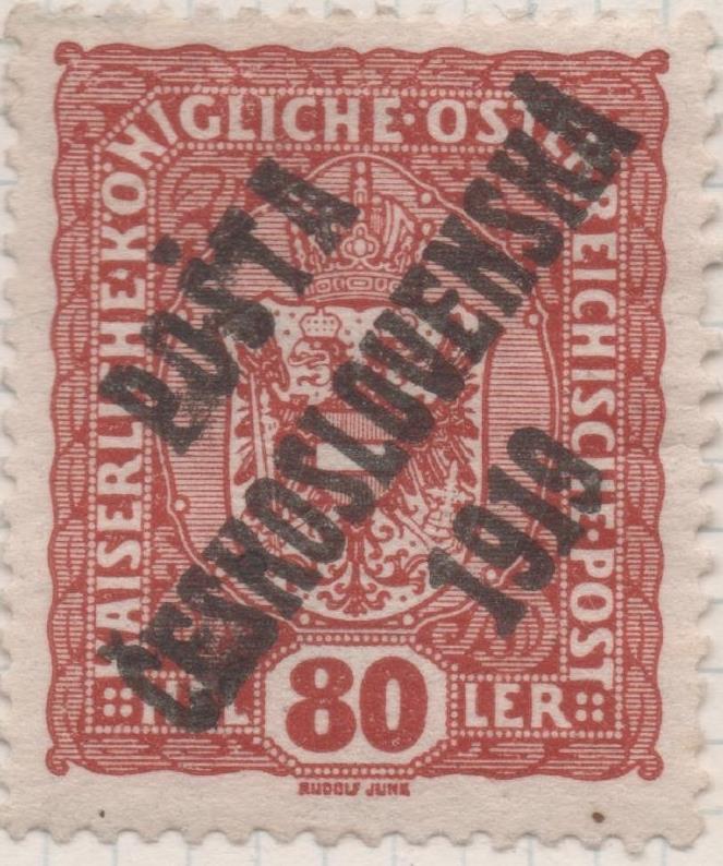 Sello E00049: hoja 3, Checoslovaquia: Sello Rojizo perforado. Timbres de Austria sobrecargados, 80 Heller 