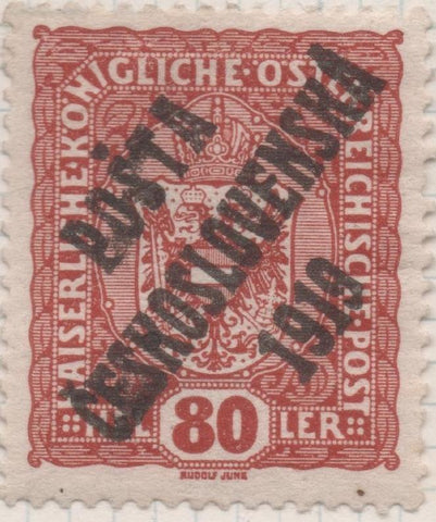 Sello E00049: hoja 3, Checoslovaquia: Sello Rojizo perforado. Timbres de Austria sobrecargados, 80 Heller 