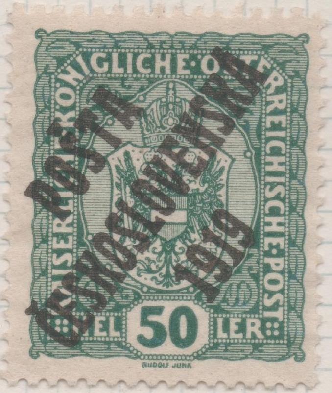 Sello E00047: hoja 3, Checoslovaquia: Sello Verde perforado. Timbres de Austria sobrecargados, 50 Heller