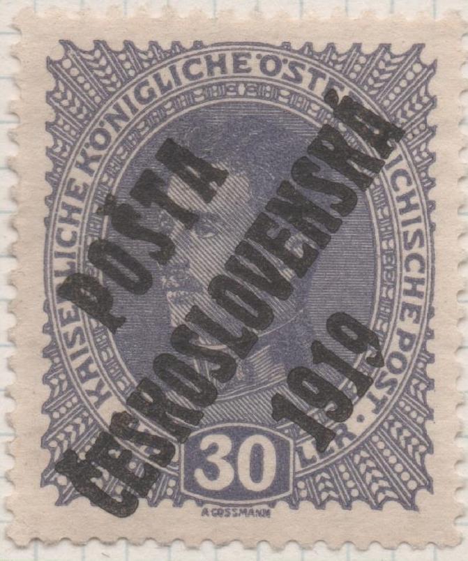 Sello E00045: hoja 3, Checoslovaquia: Sello Violeta perforado. Timbre de Austria sobrecargado, 30 Heller