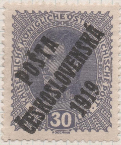 Sello E00045: hoja 3, Checoslovaquia: Sello Violeta perforado. Timbre de Austria sobrecargado, 30 Heller