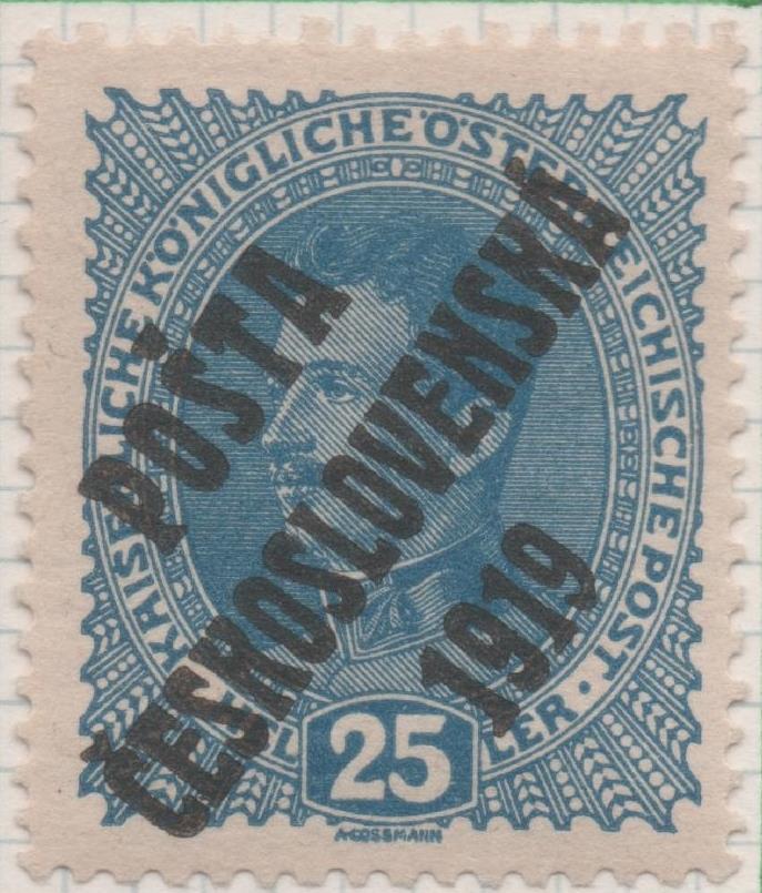 Sello E00044: hoja 3, Checoslovaquia: Sello Azul perforado. Timbres de Austria sobrecargados, 25 Heller