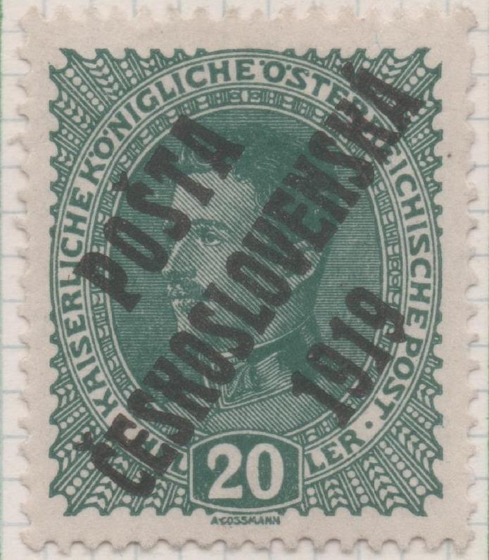 Sello E00043: hoja 3, Checoslovaquia: Sello Verde oscuro perforado. Timbres deAustria sobrecargados, 20 Heller
