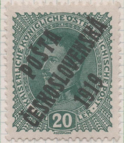 Sello E00043: hoja 3, Checoslovaquia: Sello Verde oscuro perforado. Timbres deAustria sobrecargados, 20 Heller