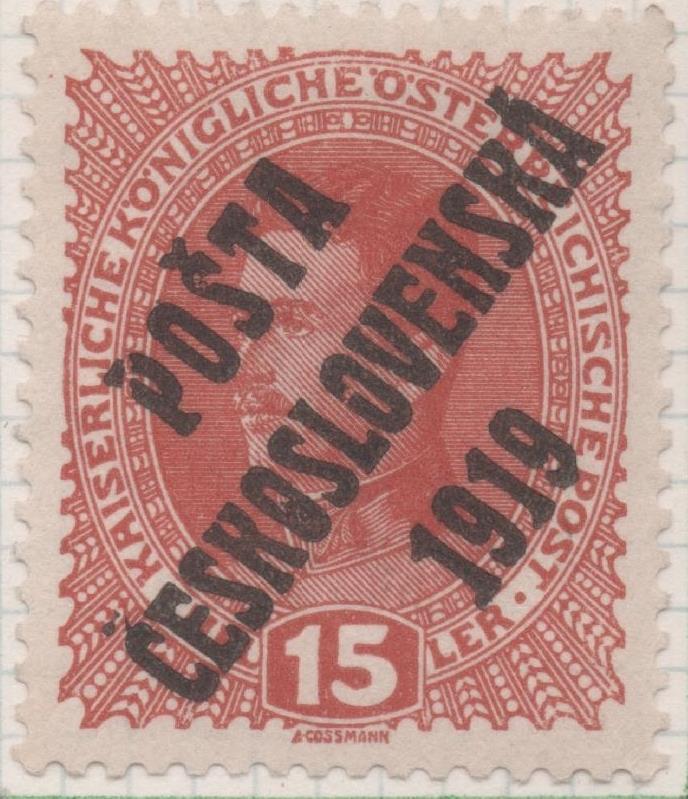 Sello E00042: hoja 3, Checoslovaquia: Sello Naranja oscuro perforado. Timbres de Austria sobrecargados, 15 Heller