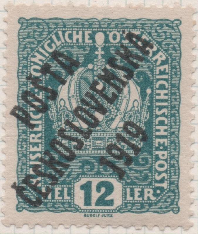 Sello E00041: hoja 3, Checoslovaquia: Sello Azul perforado. Timbres de Austria, 12 Heller
