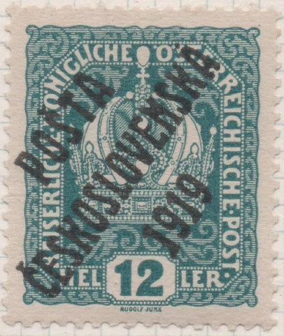 Sello E00041: hoja 3, Checoslovaquia: Sello Azul perforado. Timbres de Austria, 12 Heller