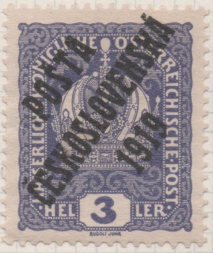 Sello E00039: hoja 3, Checoslovaquia: Sello Violeta perforado. Timbres de Austria sobrecargados, 3 Heller