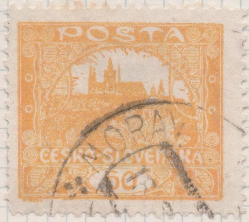 Sello E00037: hoja 2, Checoslovaquia: Sello amarillo perforado. Vista Hradcany (Casa de Praga), 60 Haleru