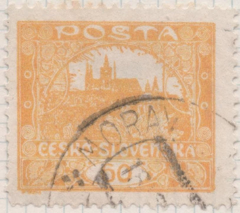 Sello E00037: hoja 2, Checoslovaquia: Sello amarillo perforado. Vista Hradcany (Casa de Praga), 60 Haleru